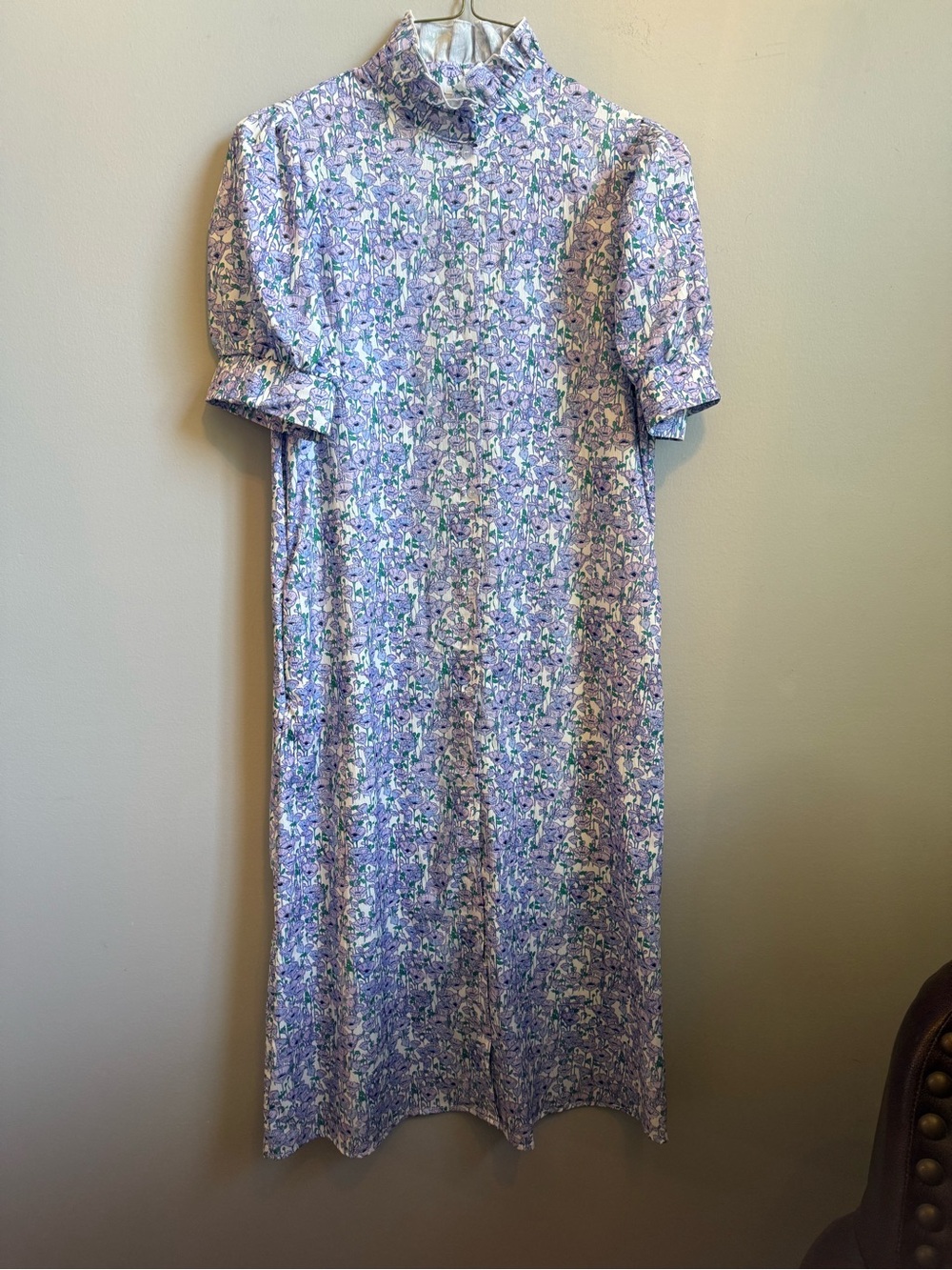 Floral Midi Dress with Puff Sleeve and Mock Neck - Lavender